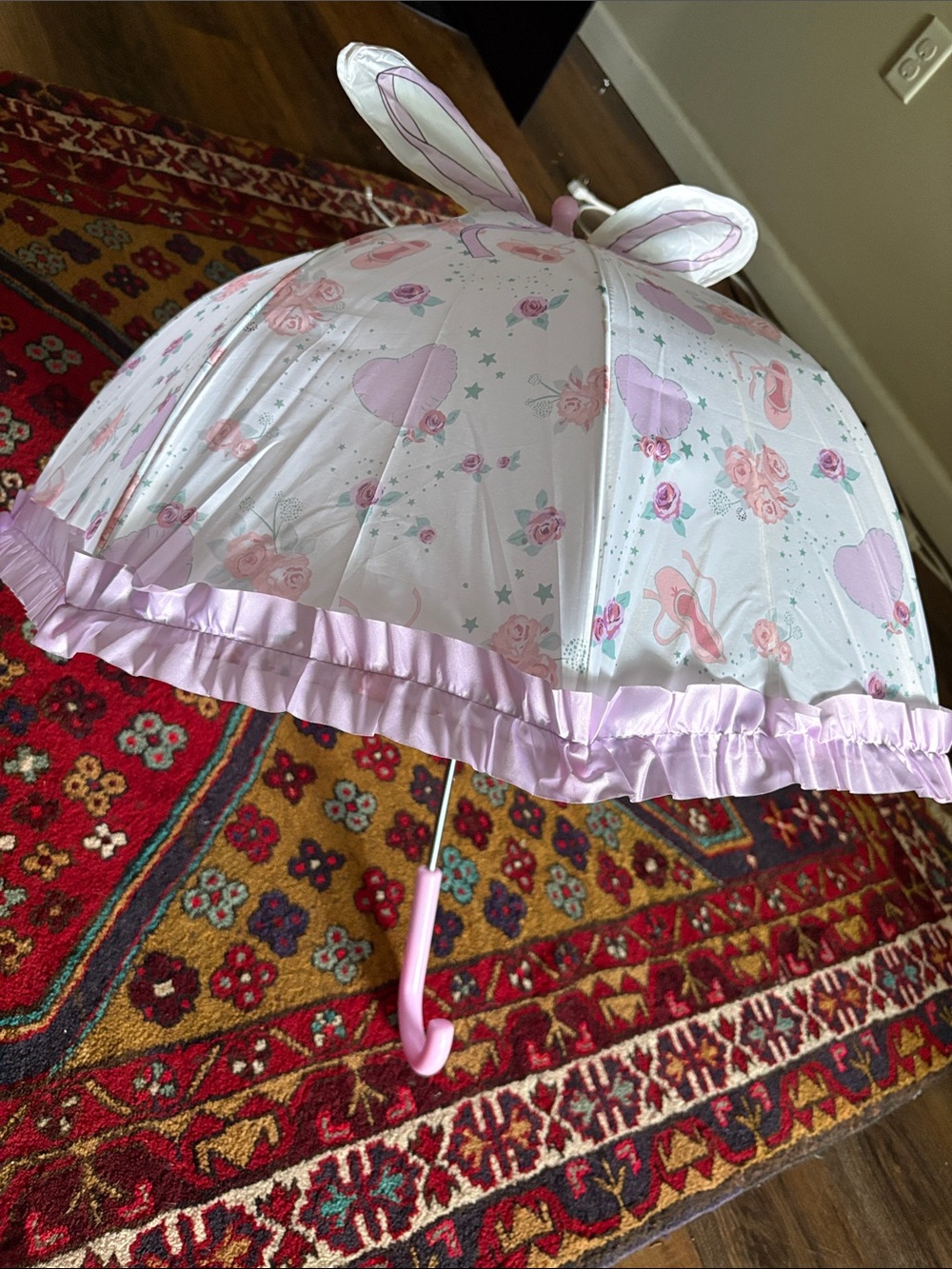 Pink Ruffle Bunny Ear Kids Umbrella - Hearts & Roses Print